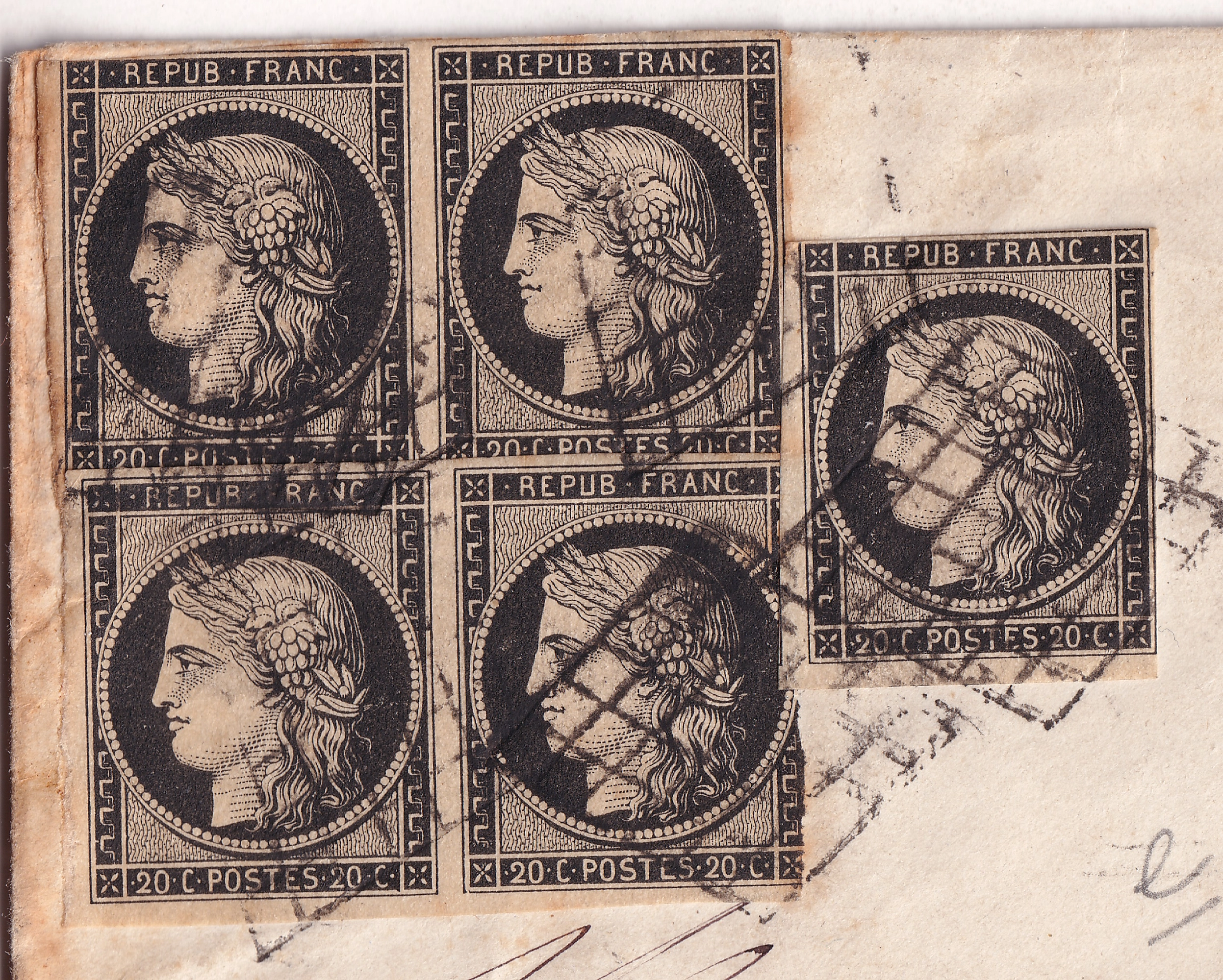 1 N°3 DEUX PAIRES + UN GRILLE PARIS BUREAU E 4 .10.1849 POUR VIERZON CHER