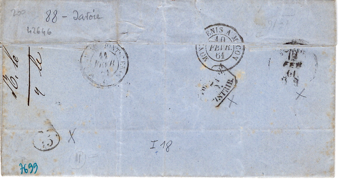 1 FRANCE N° 16 PC 4201 TYPE 15 BEAUFORT S DORON  9 FEVR 1861 POUR ITALIE RARE