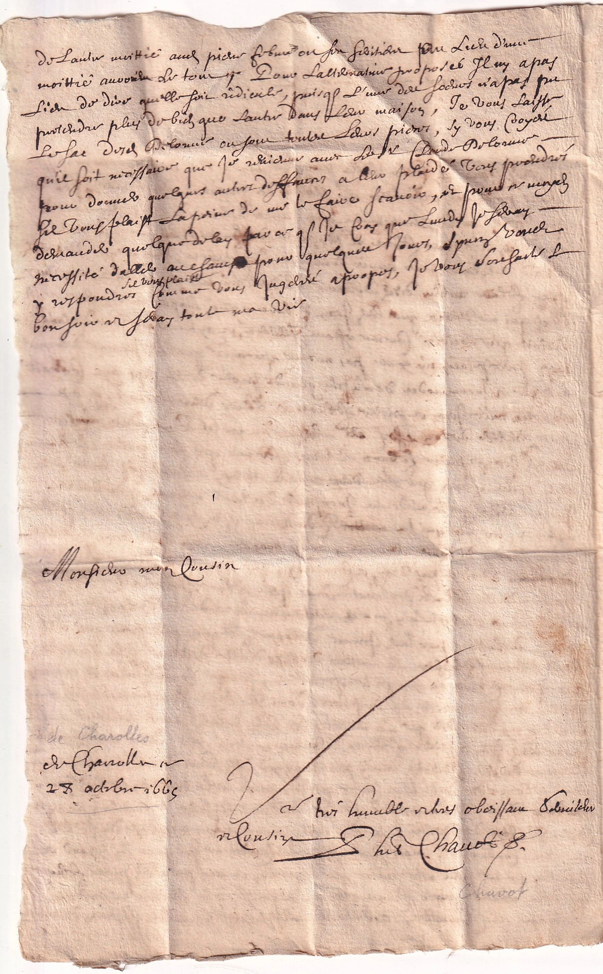 2 LETTRE LOCALE DE 1665 CHAROLLES POUR CHAROLLES SAONE ET LOIRE