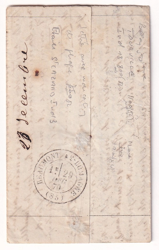 1 BALLON MONTE LE TOURVILLE PARIS 23 DEC 1870 ARRIVE 29 DEC BEAUMONT DE LOMAGNE TARN ET GARONNE