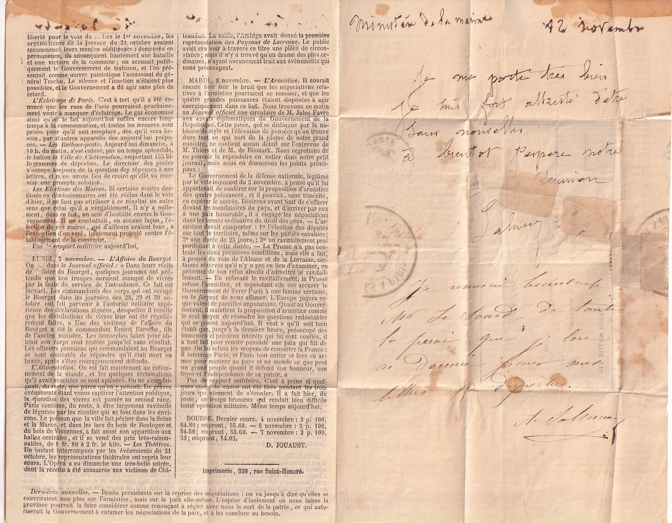 3 BALLON MONTE PARIS 15.11.1870 LE GENERAL UHRICH GAZETTE DES ABSENTS N°6 AU DOS DIVISION DES MARINS DETACHES A PARIS  POUR ALENCON ORNE ARRIVE 27.11.1870