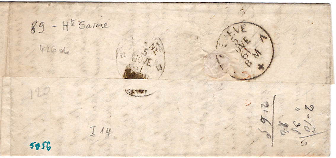 1 N° 14 X2 LETTRE PC 4233 TYPE 15 SALLANCHES 1861 POUR GENEVE + OR MEGEVE