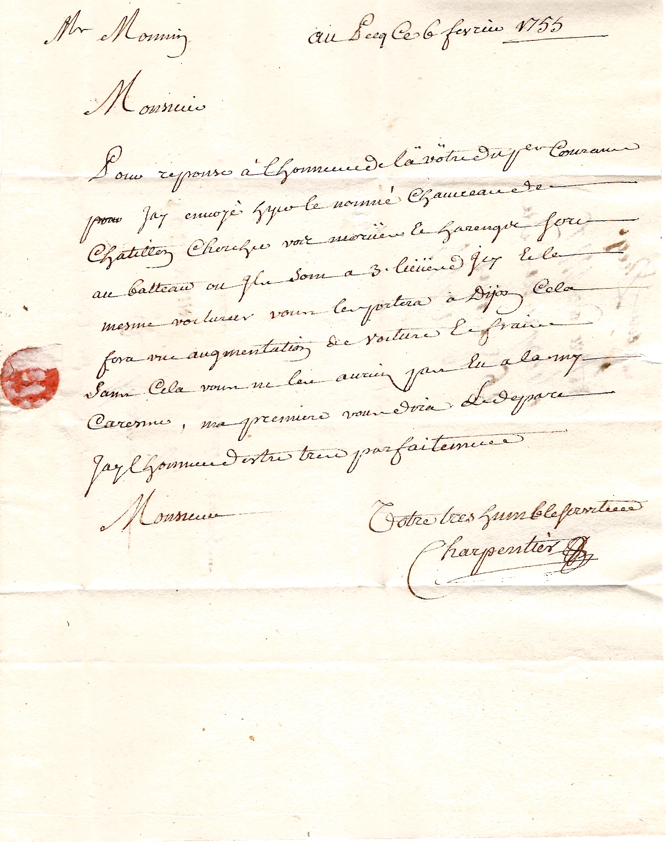 2 MARQUE ST GERMAIN 1755 LENAIN N°6 POUR DIJON COTE D'OR LETTRE LENAIN 6 TEXTE AU PECQ SEINE ET OISE COTE240€