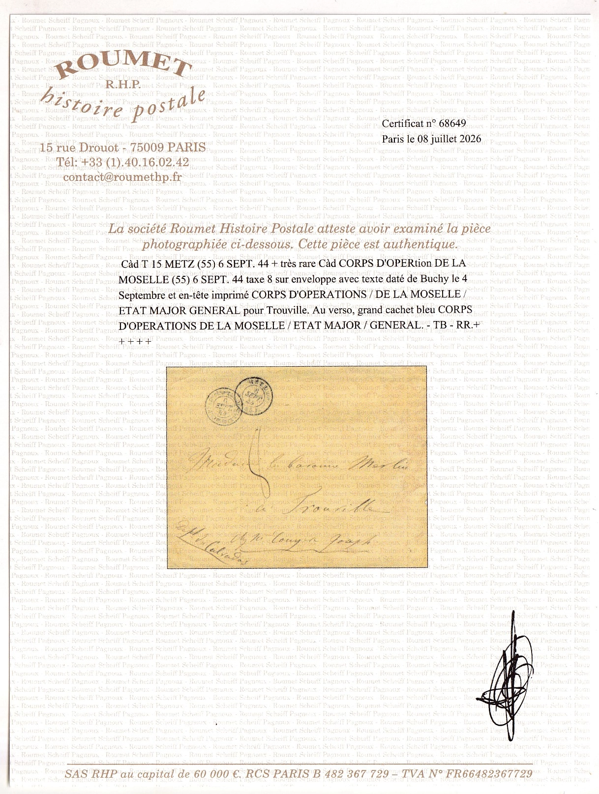 5 CAD TYPE 15 METZ MOSELLE 1844 + CAD CORPS OPERATION DE LA MOSELLE SUR LETTRE ENTETE ETAT MAJOR DE BUCHY PUR TROUVILLE MOSELLE