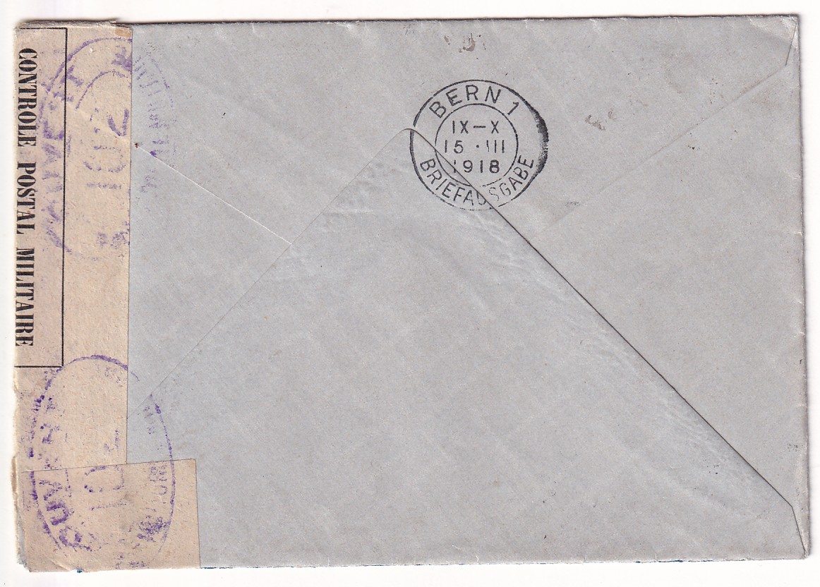 1 5F MERSON RECOMMANDE PARIS 1918 POUR BERNE SUISSE CENSURE 102 EN VIOLET