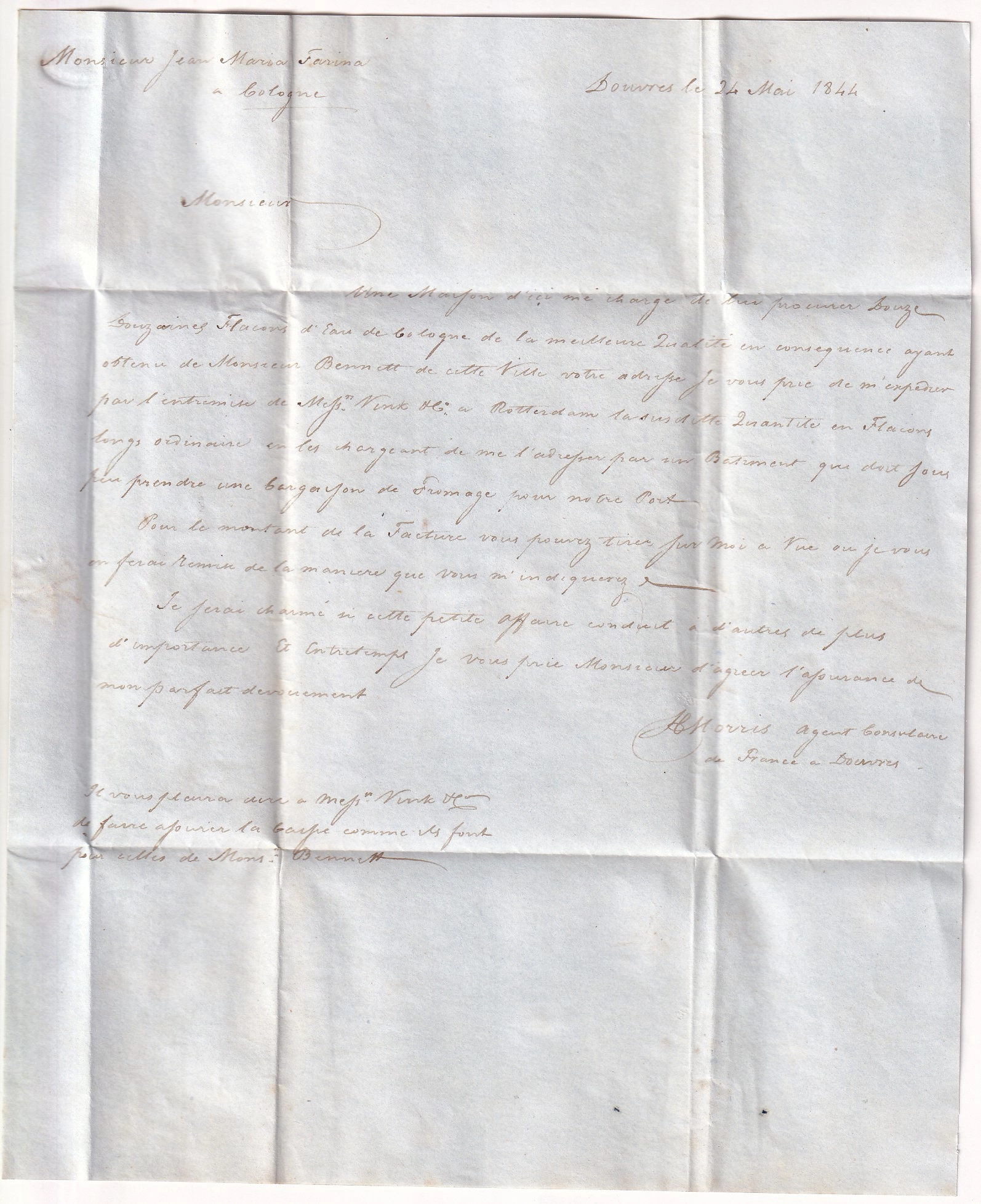 2 MARQUE ENTREE AUS ENGLAND PORTO CALAIS PAS DE CALAIS 1844 DEPART DOVER ANGLETERRE POUR COLOGNE KOLN ALLEMAGNE
