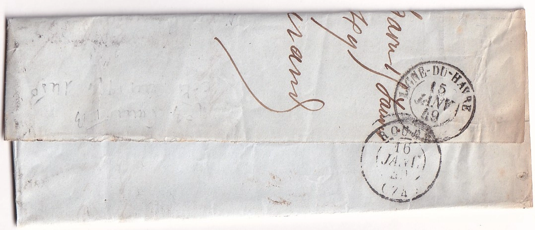 2 N°3 PAIRE GRILLE DU 15 JANVIER 1849 LE HAVRE SEINE INFERIEURE POUR ROUEN AU DOS LIGNE DU HAVRE