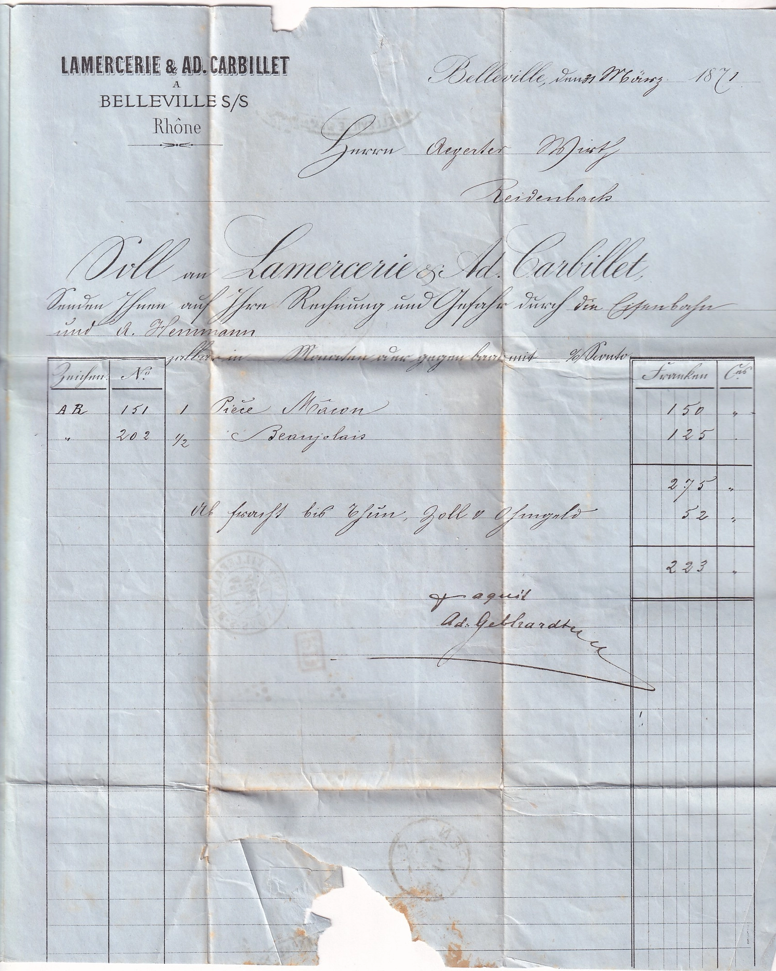 3 N°43B + 46B GC 4245 VILLEFRANCHE SUR SAONE POUR LA SUISSE CANTON DE BERNE
