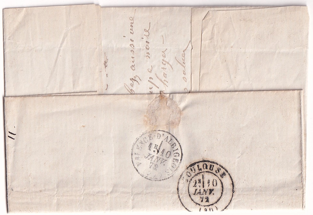 1 N°59 25 PAIRE + 27 PAIRE PC DU GC 4074 VALENCE D'ALBIGEOIS TARN POUR TOULOUSE INDICE 17 DU 9 JANVIER 1872