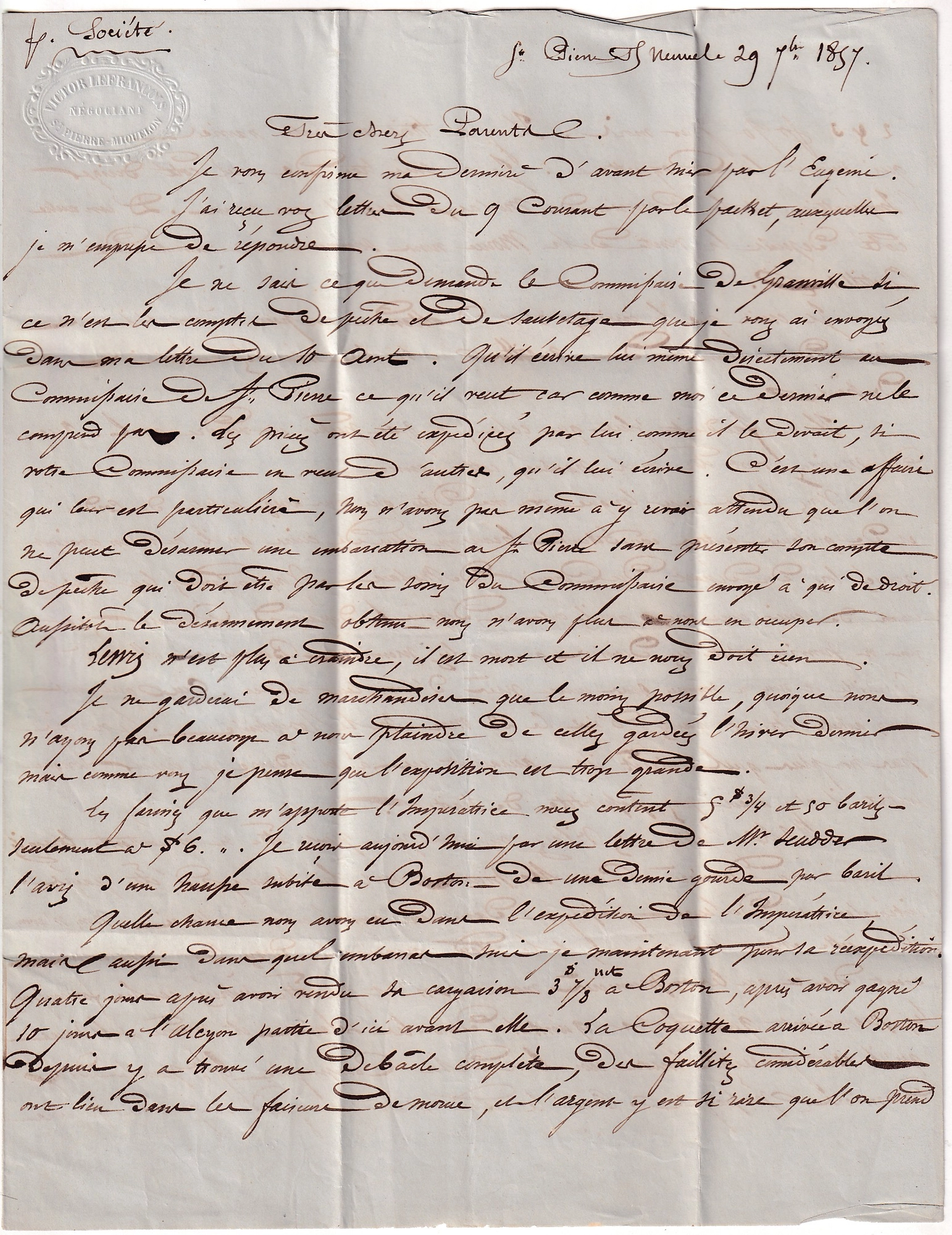 1 LETTRE DE SAINT PIERRE ET MIQUELON 1857 ENTREE OUTREMER PAR GRANVILLE POUR GRANVILLE MANCHE RARE TAXE DT RARE