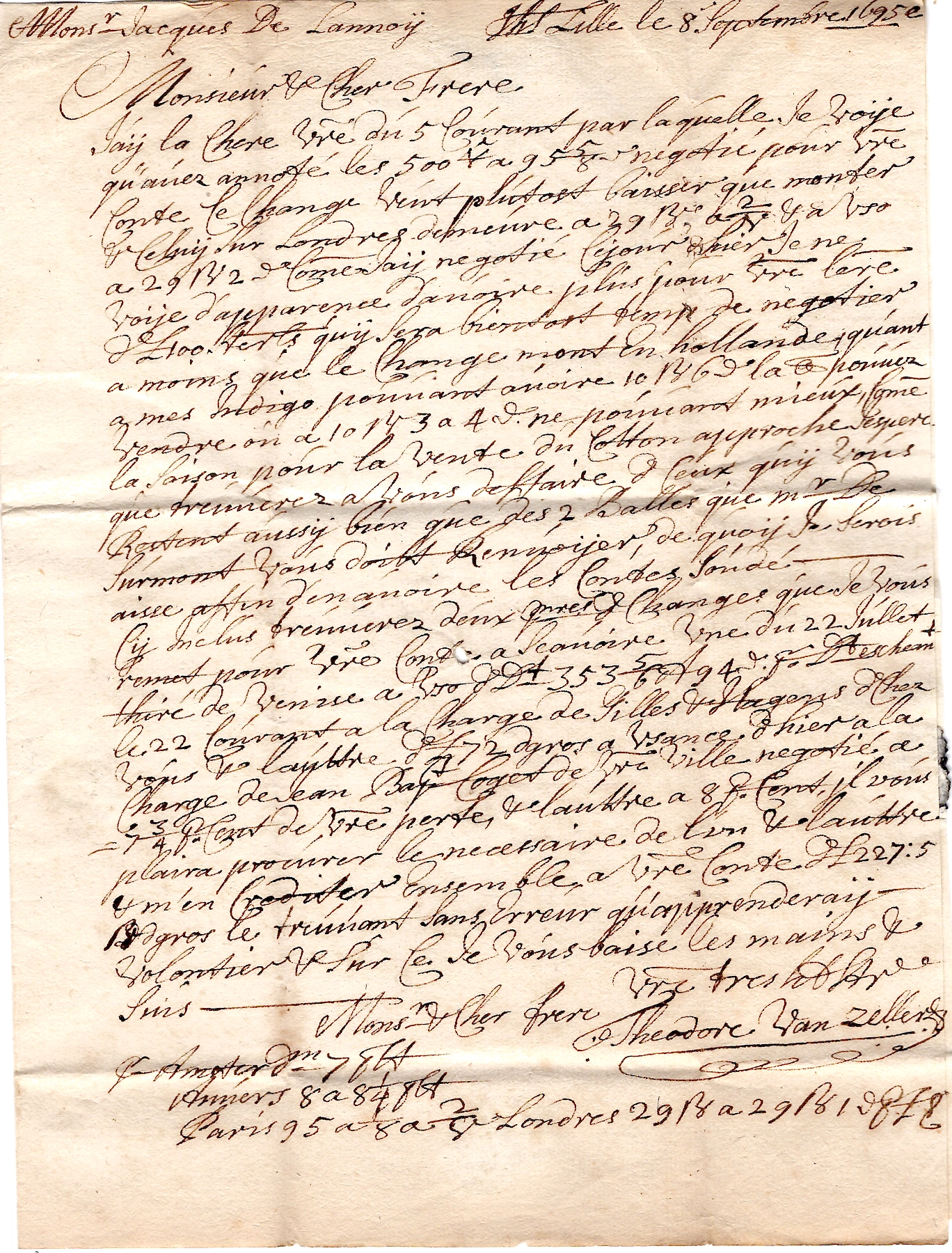 2 NORD LILLE MANUSCRIT LENAIN N°1 1695 LETTRE POUR ANVERS EN BRABANT COTE 700€