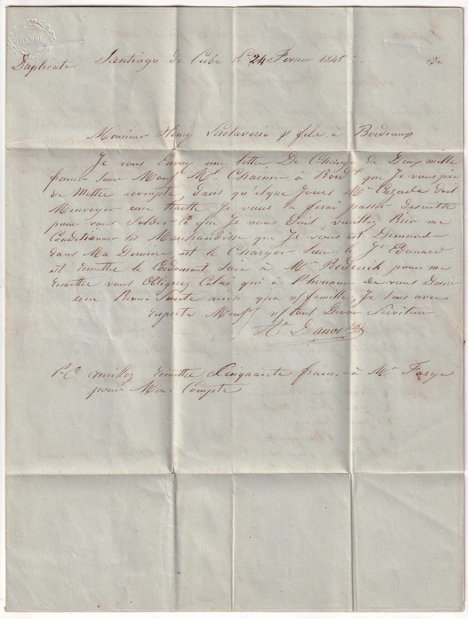 2 LETTRE DE SANTIAGO DA CUBA 1844 PURIFIEE ENTAILLES DE PURIFICATIONS ENTRE OUTRE MER PAUILLAC  POUR BORDEAUX