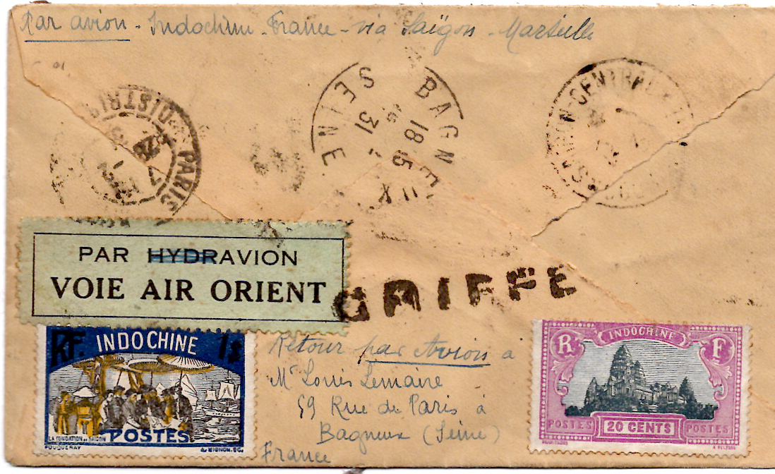 1 MERSON 5FR+ PA N°5 PAIRE LETTRE AVION AIR ORIENT REC PARIS 1931 + INDOCHINE EN RETOUR