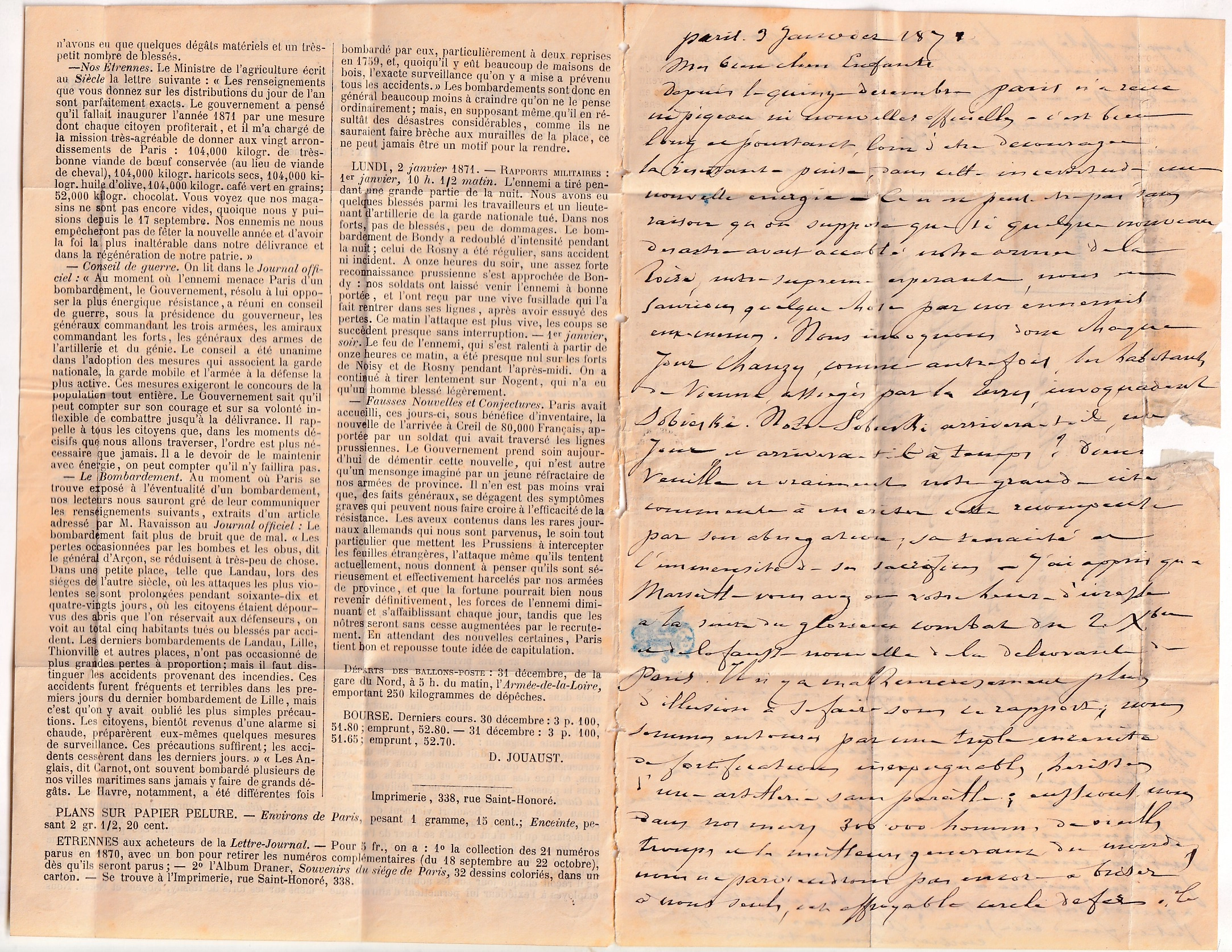3 BALLON MONTE LE NEWTON N°37 PARIS SC ROUGE 3.01.1871 GAZETTE DES ABSENTS N°22 POUR MARSEILLE BEAU TEXTE