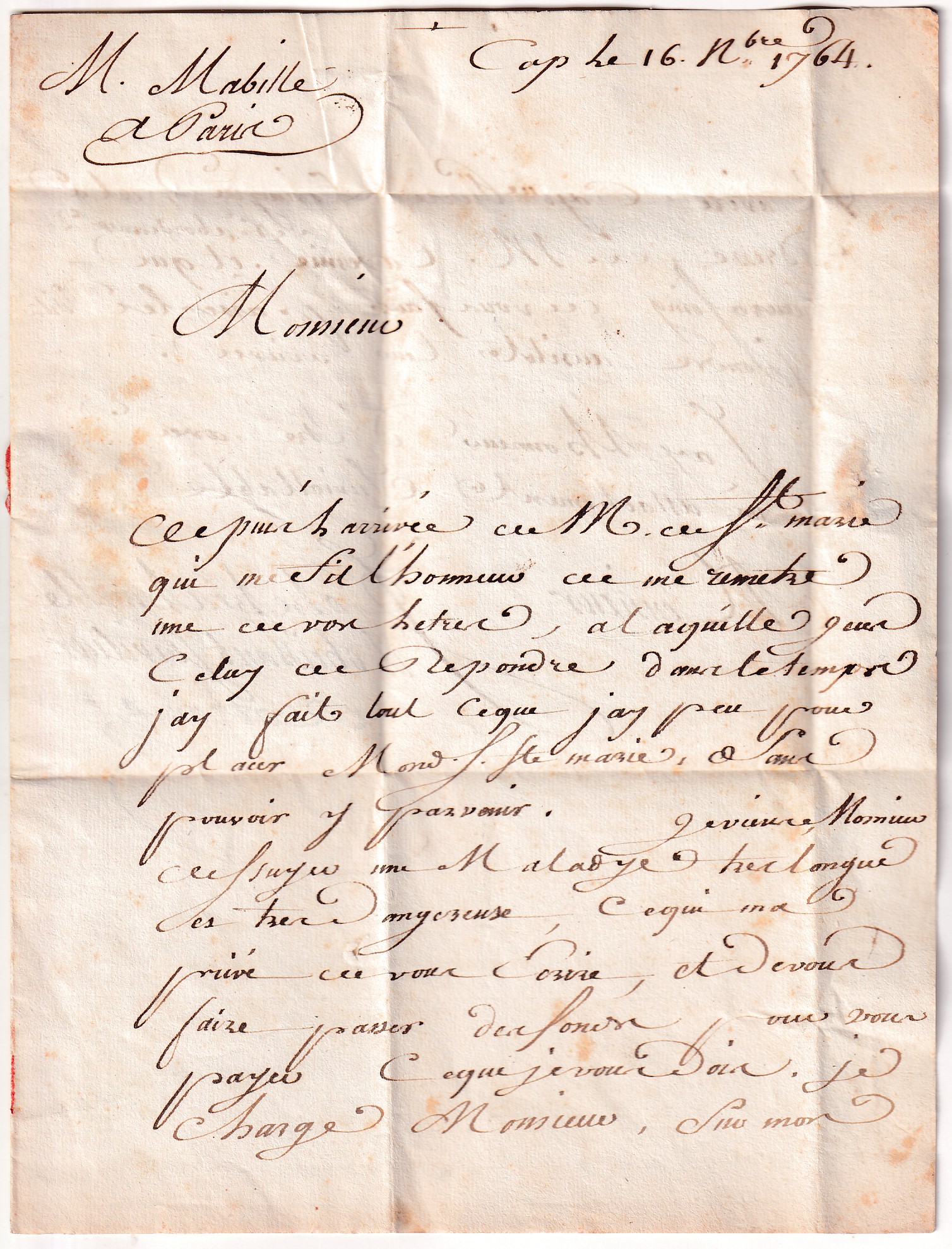2 MARQUE ORNEE COLONIE PAR LA FLOTTE CHARENTE INFERIEURE TEXTE DU CAP HAITIEN HAITI ST DOMINGUE 1764 POUR PARIS