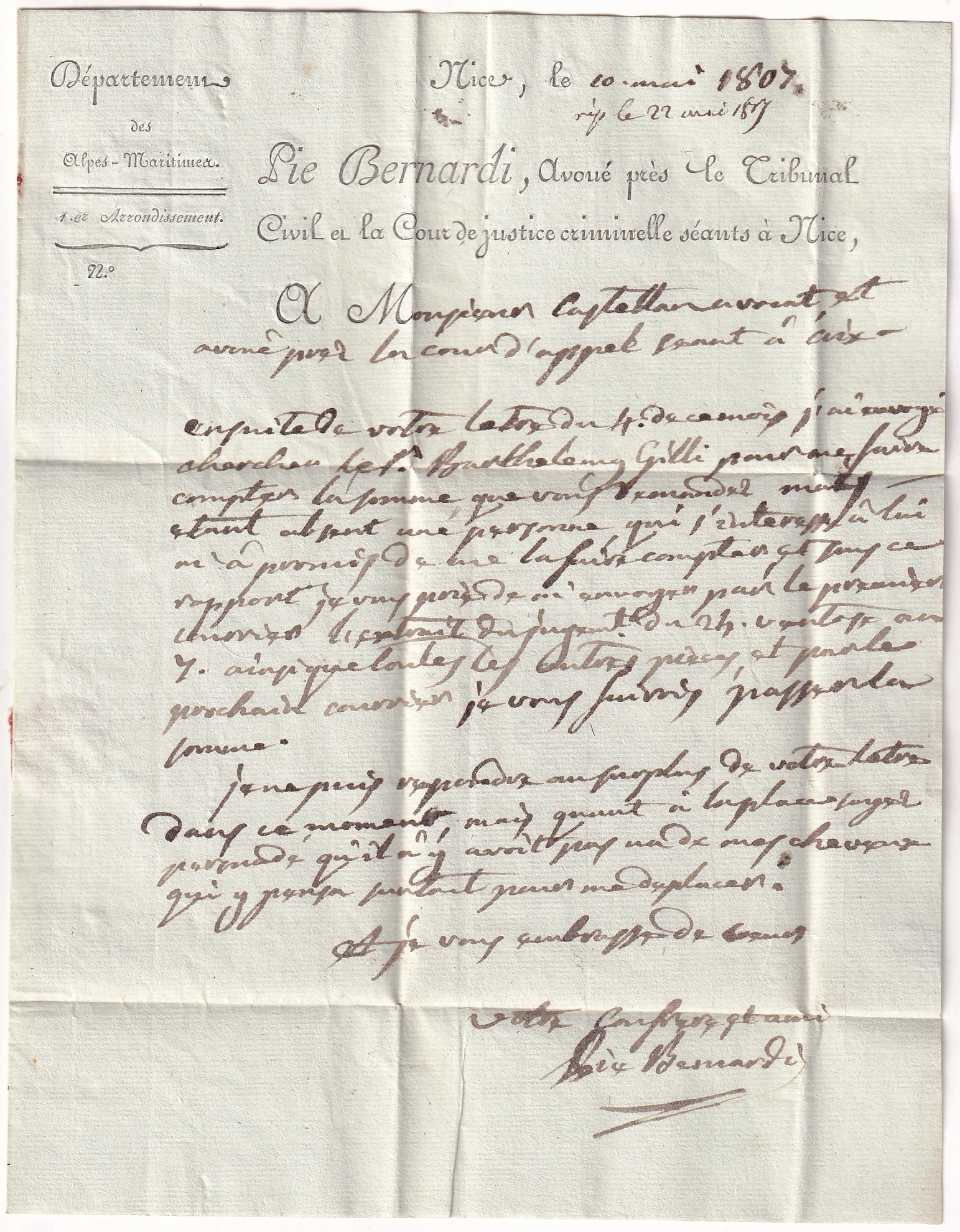 2 DEBOURSE DE CONI ITALIE 85 NICE CONQUIS ALPES MARITIMES + LYRE D'AIX EN ARRIVEE 1807 BOUCHES DU RHONE