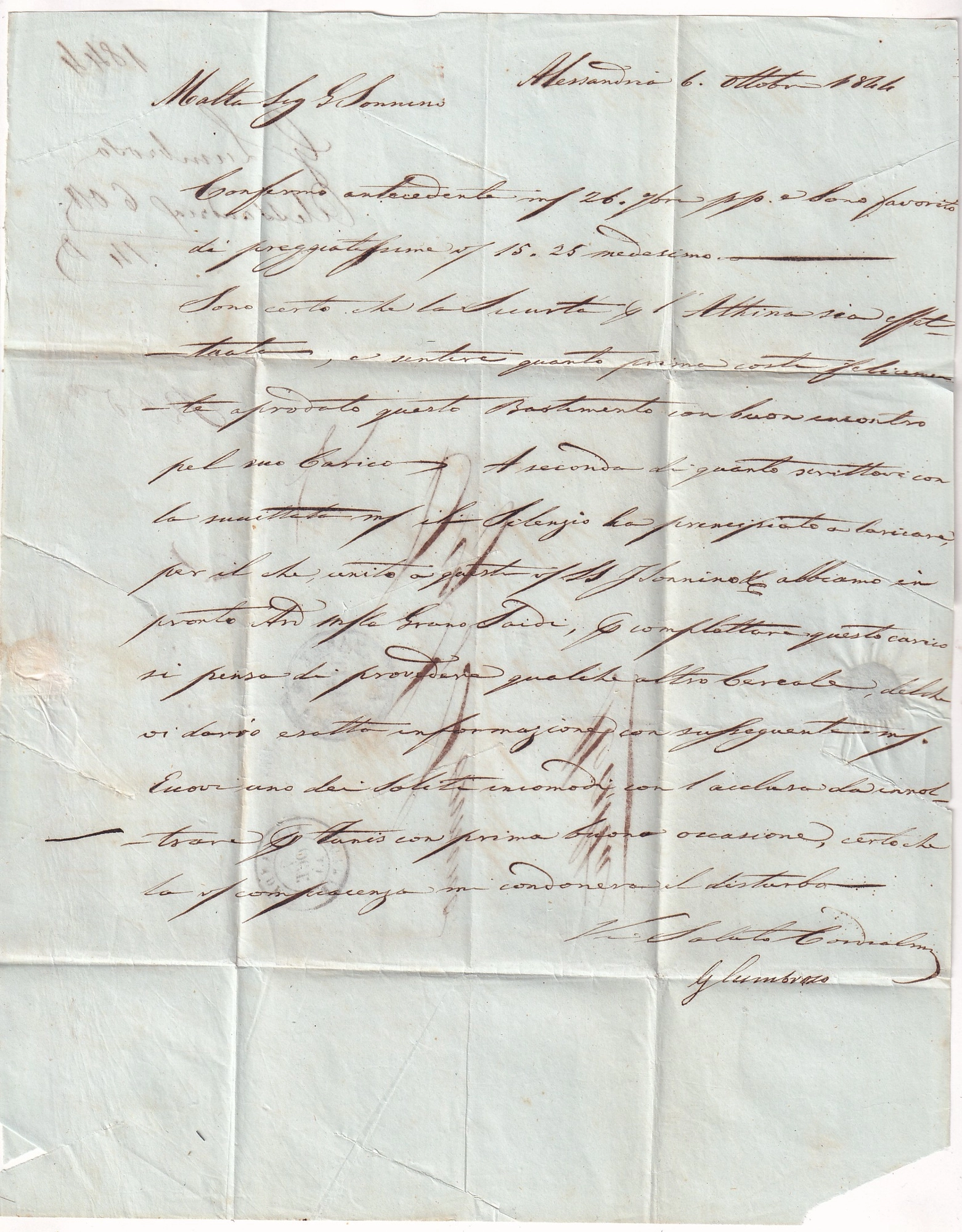 1 LETTRE PURIFIEE AU LAZARETH DE MALTE MALTA DEPART ALEXANDRIE EGYPTE EGYPT BUREAU FRANCAIS 1844 ENTAILLES PURIFICATION
