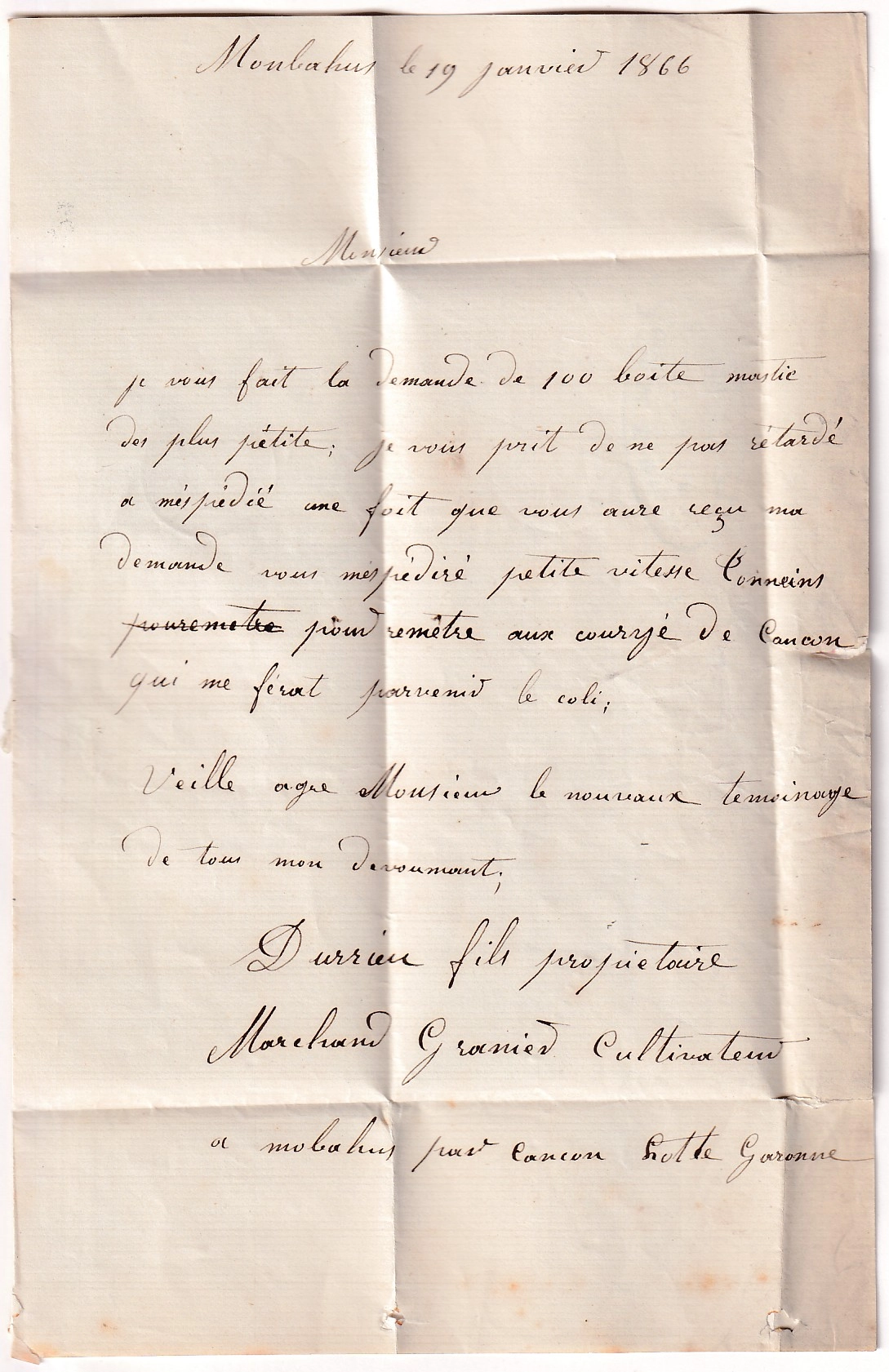 2 N°22 GC 717 BOITE MOBILE CANCON LOT ET GARONNE 1866 POUR BELLEVILLE PARIS
