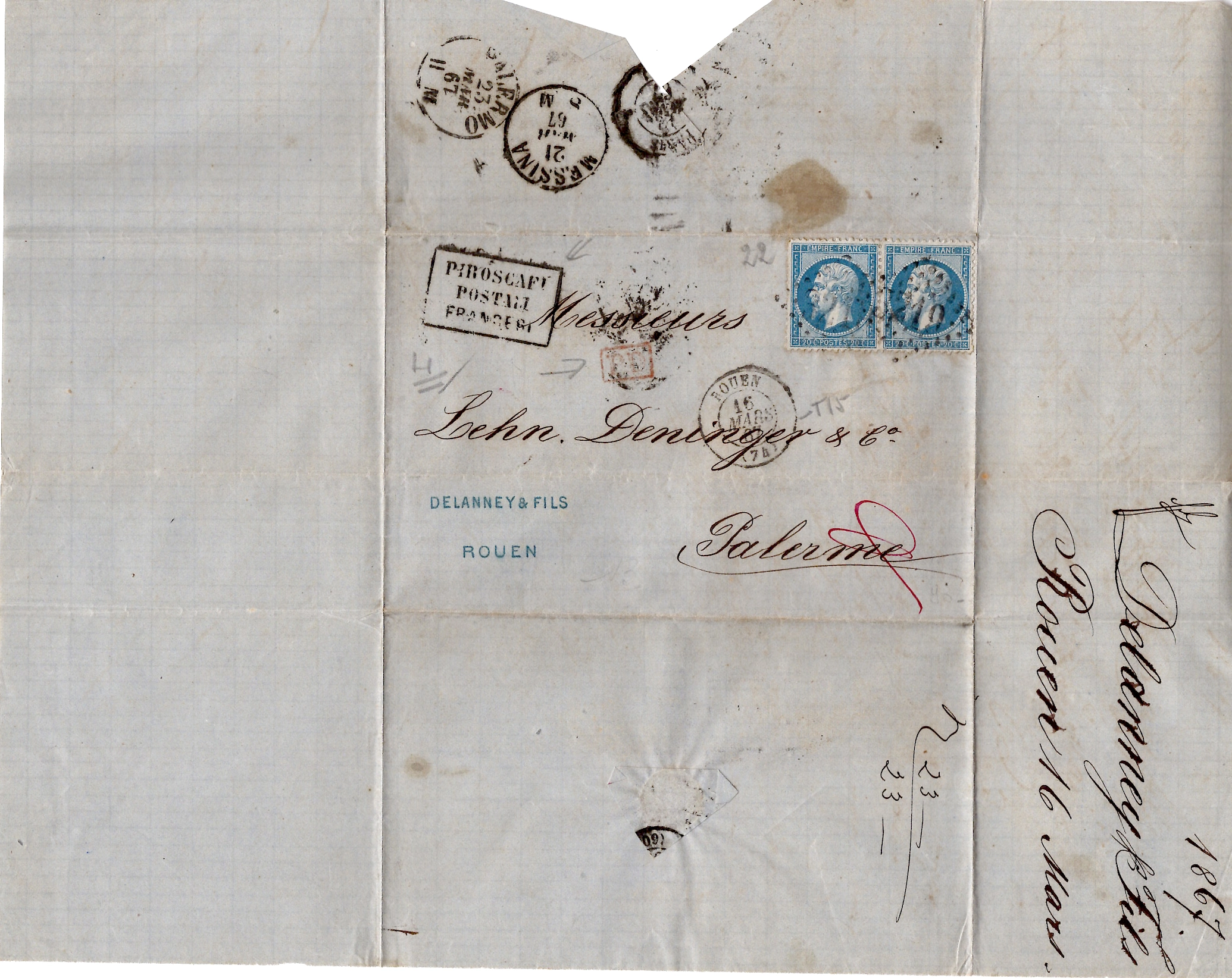 3 N° 22X2 GC 3219 ROUEN 1867 LETTRE POUR PALERME + PIROSCAFI POSTALI FRANCESI