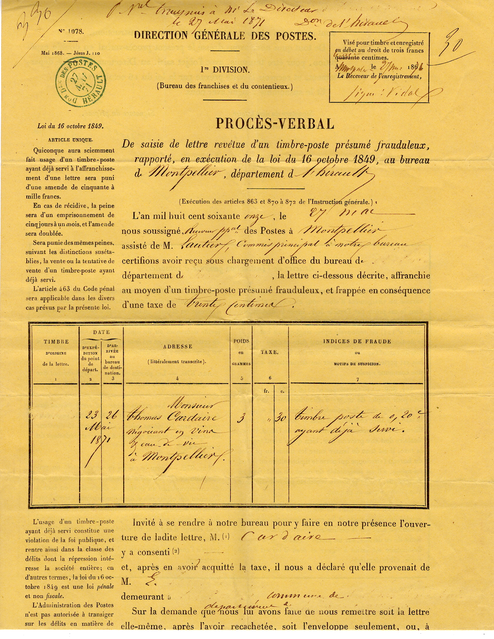 2 N°14 PC SEINE ET OISE TAXE TIMBRE AYANT SERVI 28 MAI 1871 + DON POSTES HERAULT