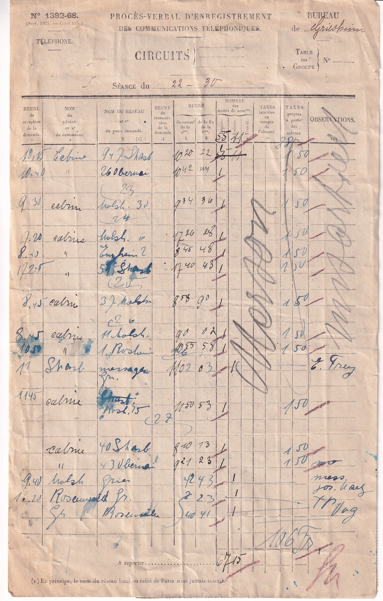 1 N°145 2FR MERSON BLOC DE 25 + 22 SUR PROCES VERBAL TELEPHONIQUE GRIESHEIM 2.12.1926 BAS RHIN