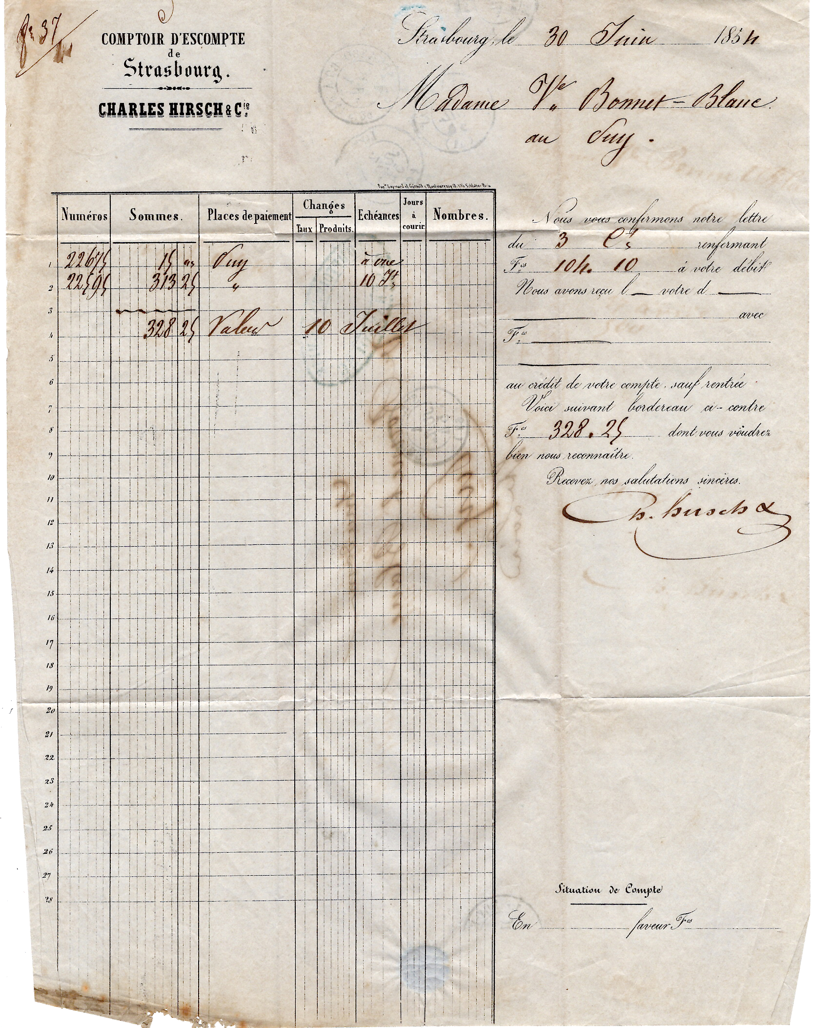 2 N°10 SEUL LETTRE PC STRASBOURG 1 JUIL 1854 1ER JOUR A 20C 5C TROP
