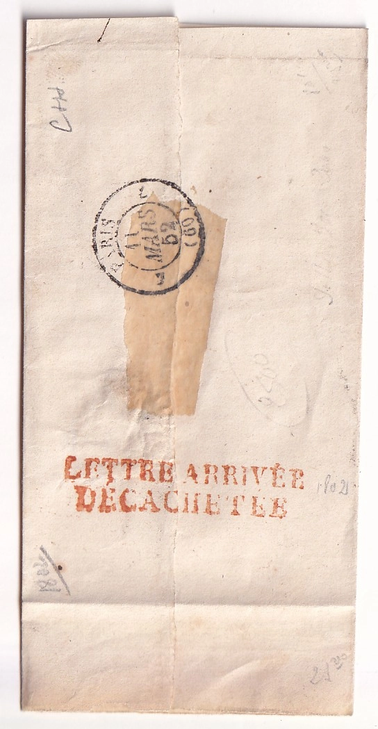 1 GRIFFE ROUGE LETTRE ARRIVEE DECACHETEE PARIS 1852 DEPART AMIENS SOMME