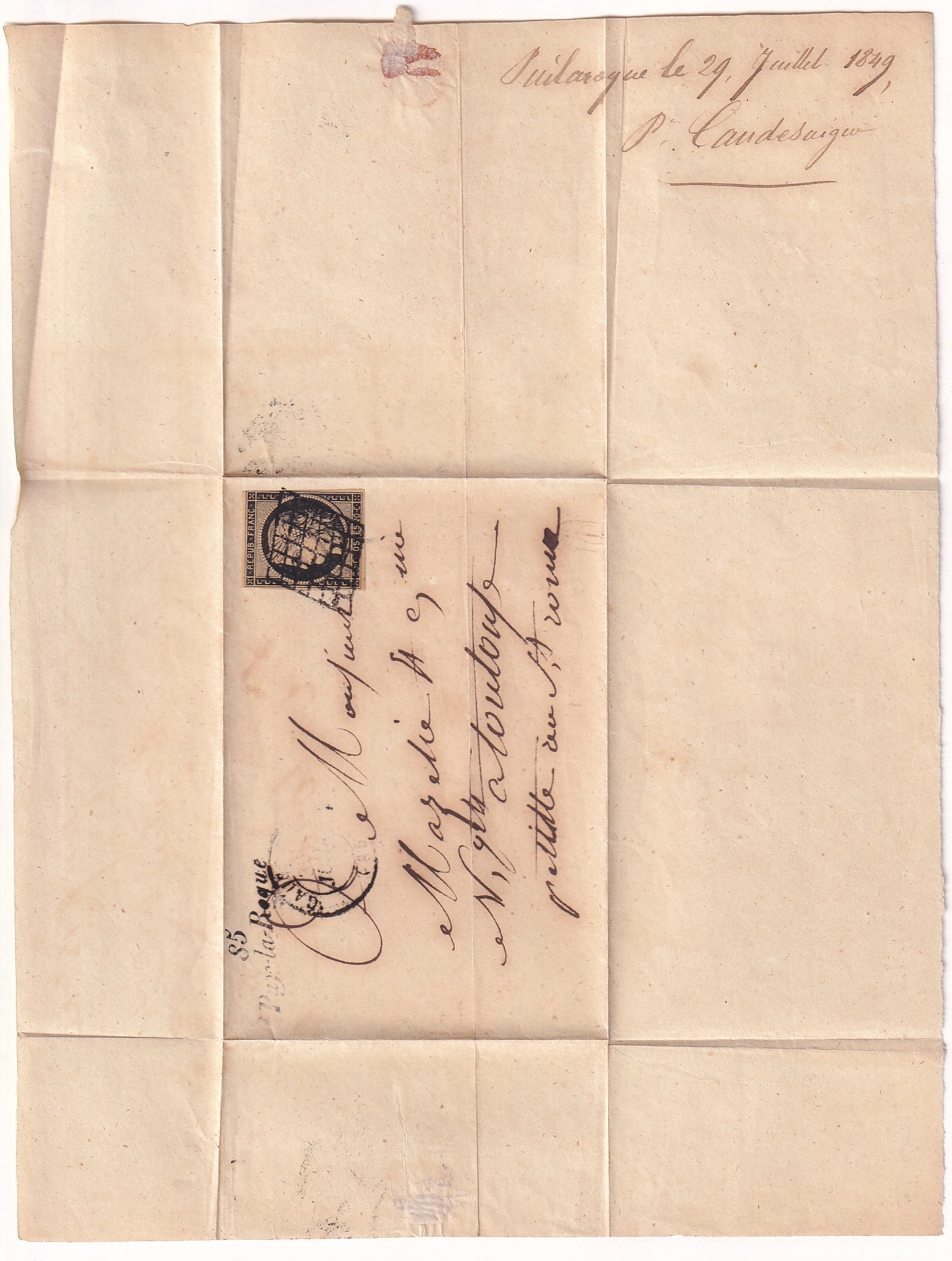 2 N°3 GRILLE +CURSIVE 85 PUY LA ROQUE TARN ET GARONNE 30 JUILLET 1849 POUR TOULOUSE HAUTE GARONNE