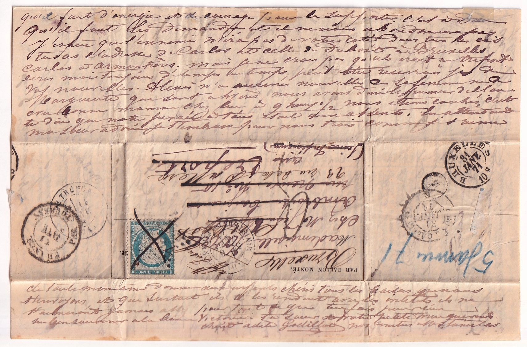 4 BALLON MONTE LE DUQUESNE PARIS 6 JANVIER 1871POUR LE TREPORT SEINE INFERIEURE REEXPEDIE BRUXELLE BELGIQUE TAXE TAMPON 3 ARRIVE LE 11.01.1871
