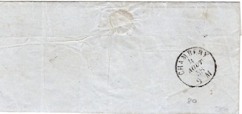 1 SARDE 20C TOUCHE LETTRE YENNE 3 AOUT 1858 POUR CHAMBERY SAVOIE