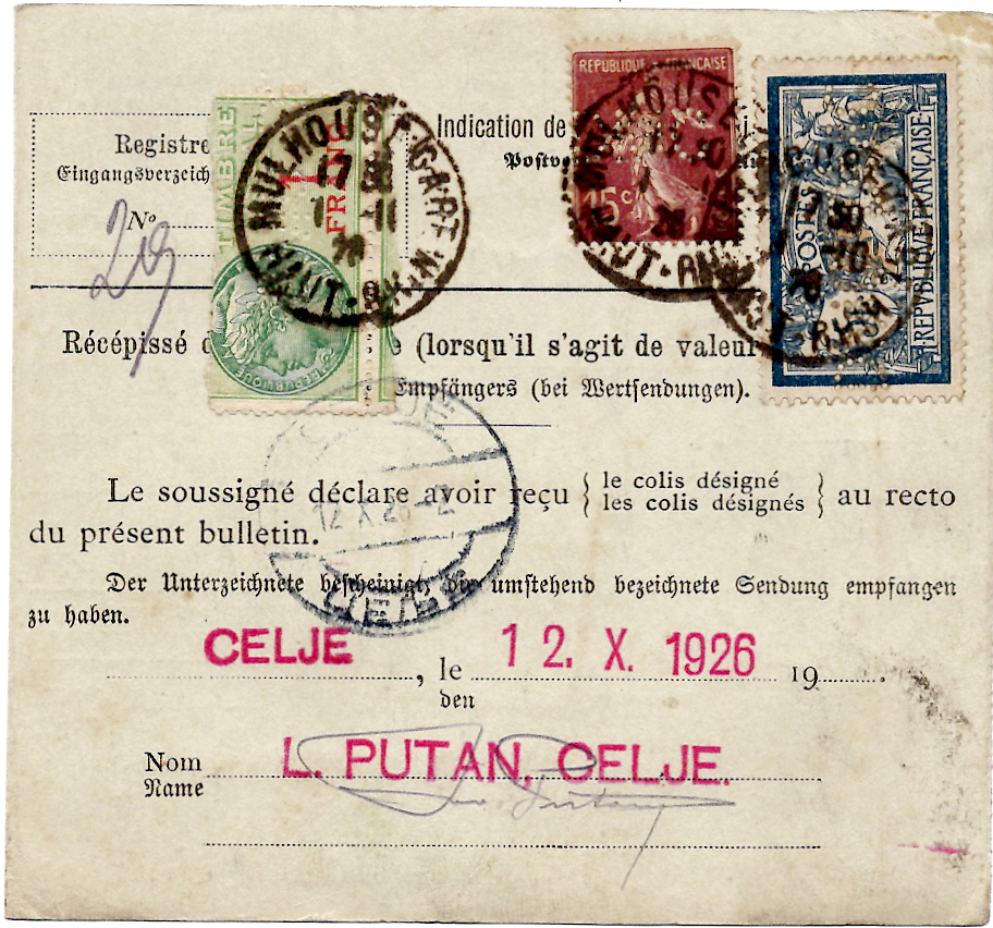 1 MERSON 20FR +5FR+N°189 PERFORE DMC BULLETIN EXPEDITON MULHOUSE 1926 POUR MARIBOR YOUGOSLAVIE