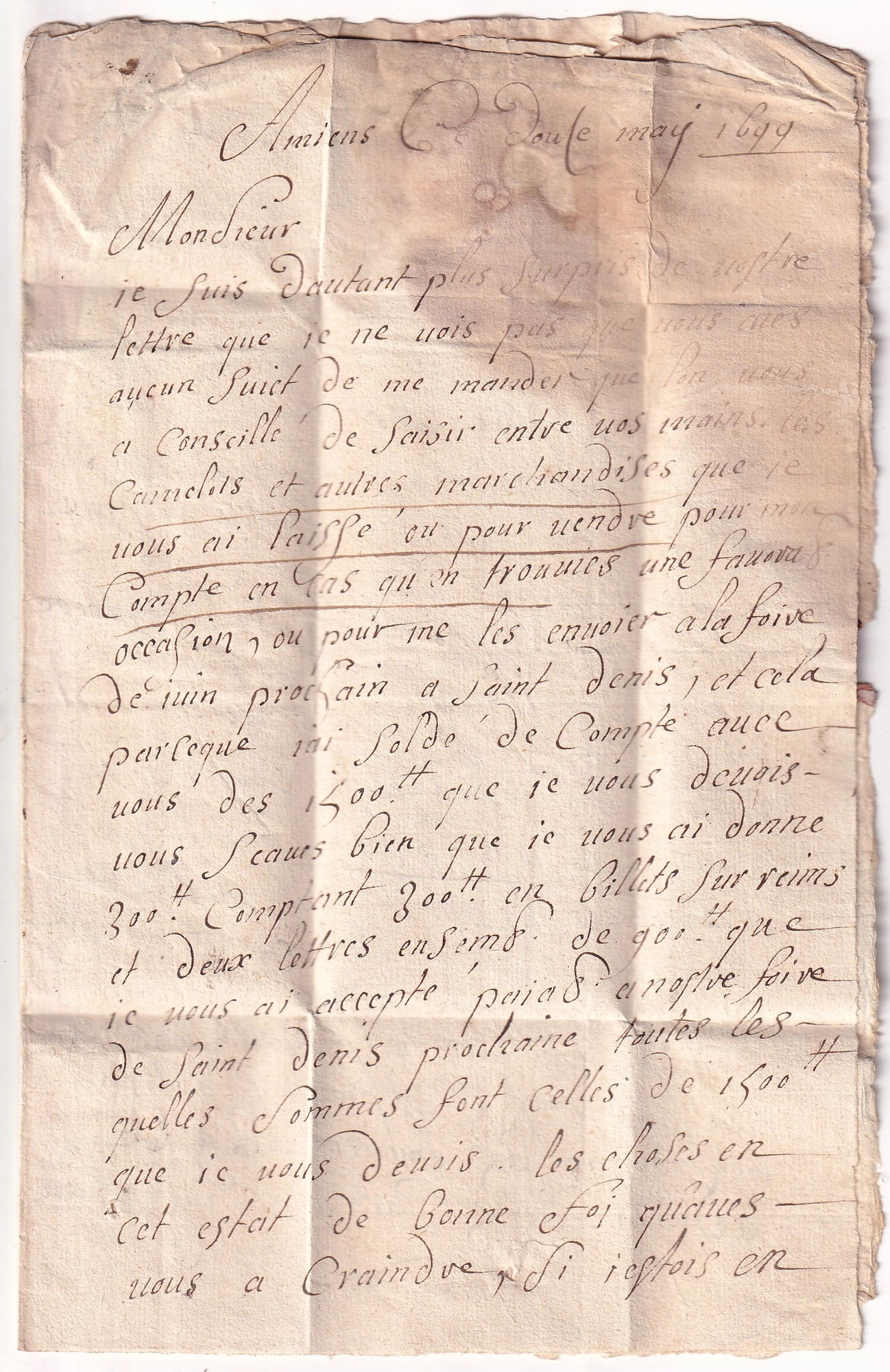 1 MARQUE D'AMIENS SOMME 1699 LENAIN N°1 INDICE 21 POUR REIMS MARNE