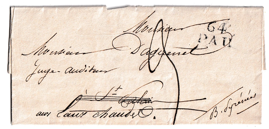 1 DEBOURSE DEB 64 ST PALAIS BASSES PYRENEES 1825 MENTION PARTI POUR LES EAUX CHAUDES DEPART PAU INDICE 20