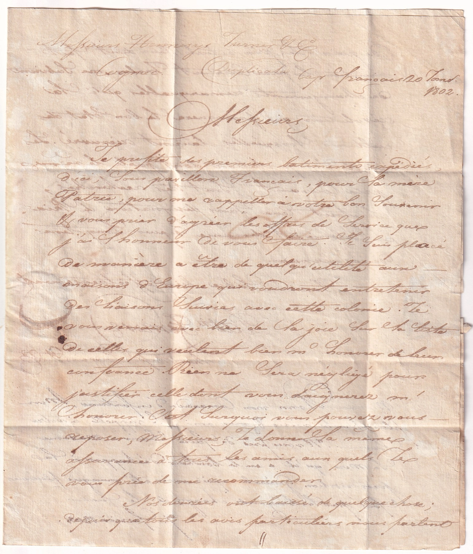 1 MARQUE MARITIME COLONIE PAR BREST FINISTERE 1802 TEXTE DE CAP FRANCAIS HAITI POUR COGNAC CHARENTE