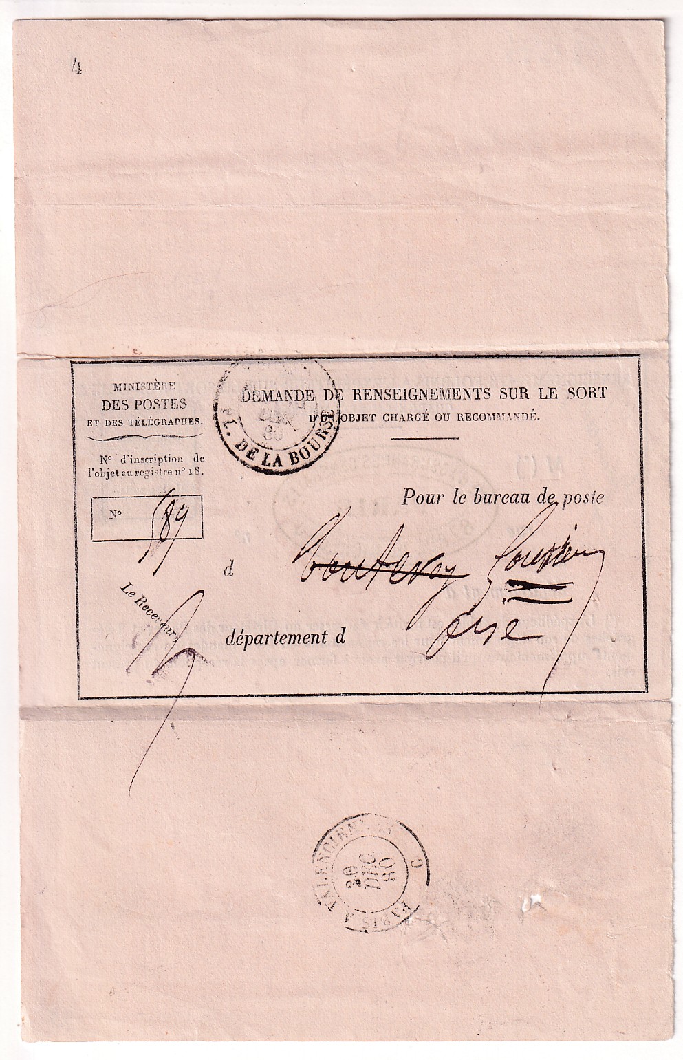 1 N°89 CAD ROUGE CHARGEMENT PARIS 1880 SUR AVIS DE CHARGEMENT ROSE INCOMPLET