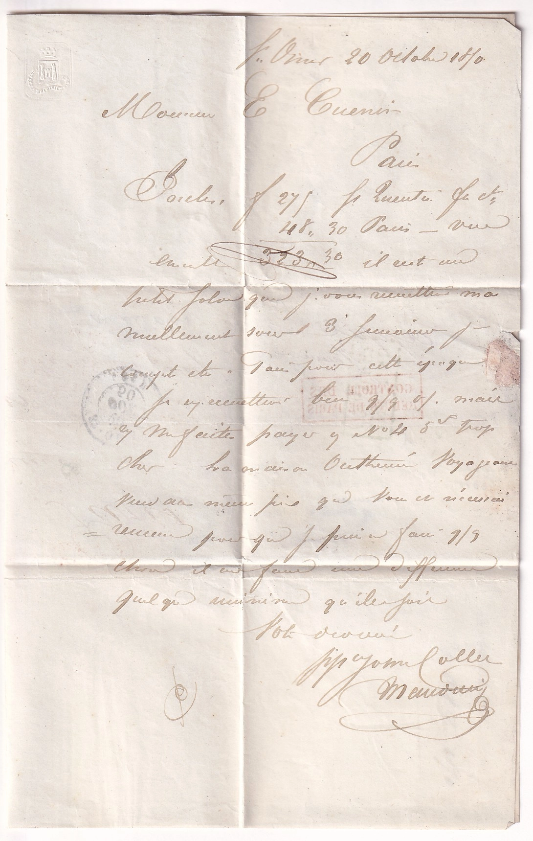 2 GRIFFE ENCADREE CONTROLE DES REBUTS DE PARIS DEPART ST OMER PAS DE CALAIS 1850
