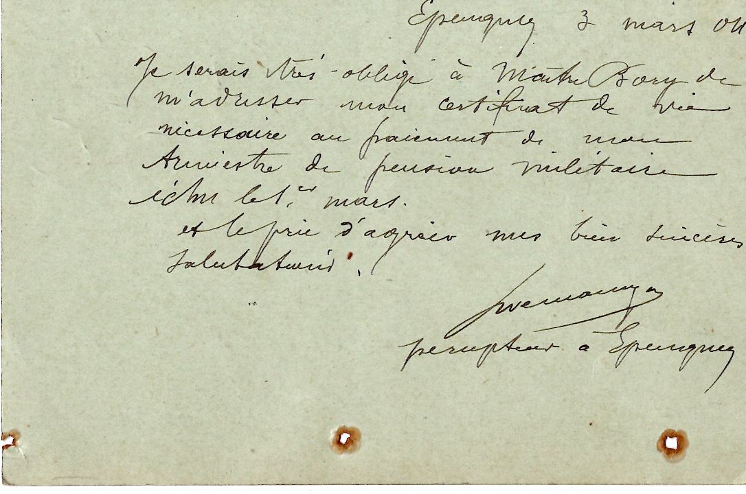 1 ENTIER 10C MOUCHON RETOUCHE CP DEFAUT OBL OR 5 FOIS + A COTE ORIGINE DOUBS 1904