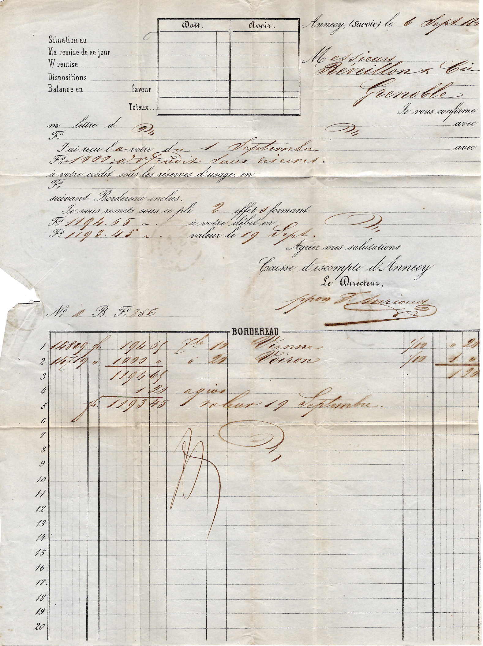 2 N° 14 CACHET SARDE ANNECY 6 SEPT 1860 LETTRE POUR GRENOBLE