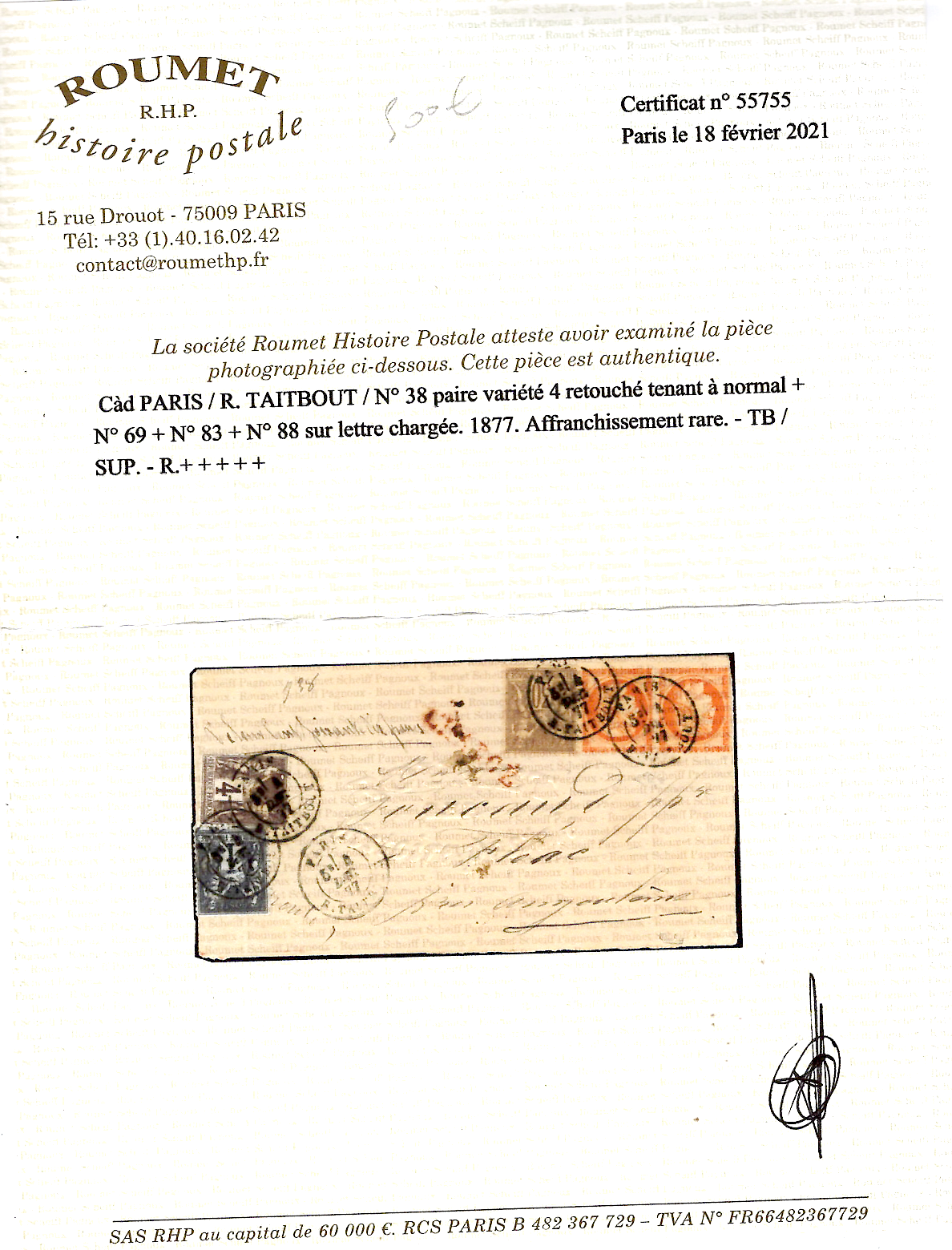 1 N° 38 PAIRE VARIETE 4 RETOUCHE TENANT A NORMAL MIXTE SAGE LETTRE CHARGE PARIS 1877 + CERITICAT RR
