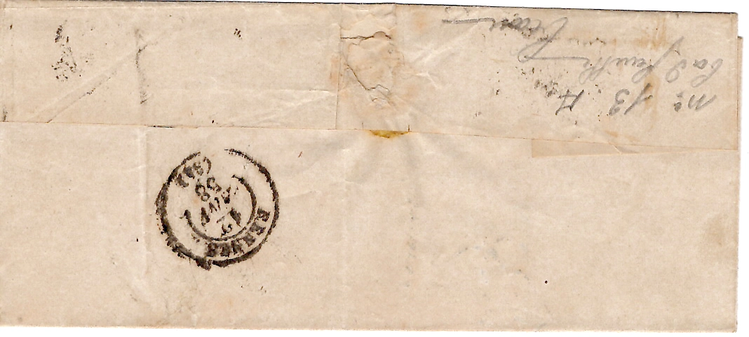 1 N° 13 JAUNE CITRON GRANDS MARGES COIN DE FEUILLE LETTRE PC TYPE 22 BEDEE 1858 ILLE ET VILAINE RARE