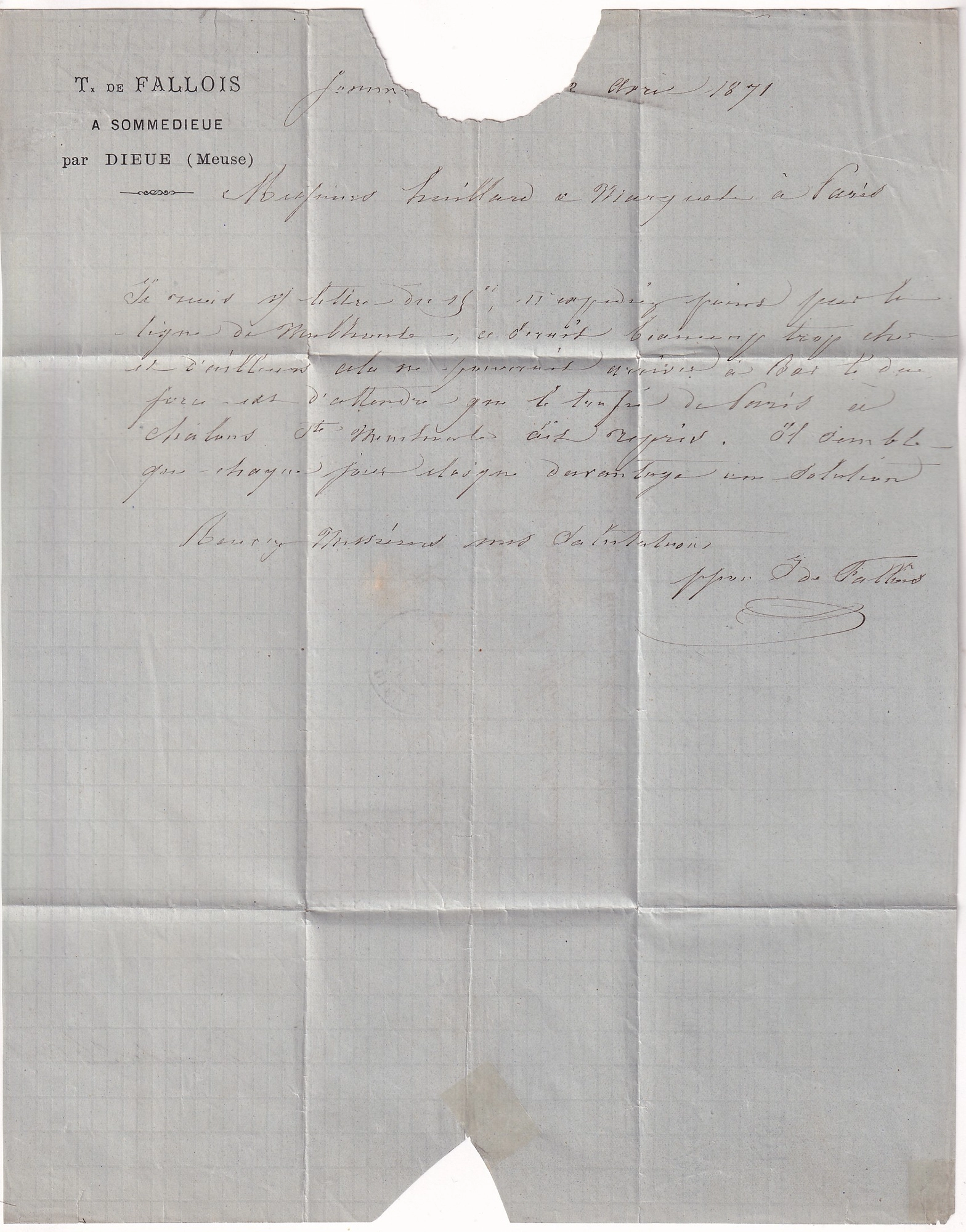 1 COMMUNE DE PARIS N°29 GC 4479 DIEUE MEUSE 21 AVRIL 1871 POUR POSTE RESTANTE A MONTREUIL CERTIFICAT RHP