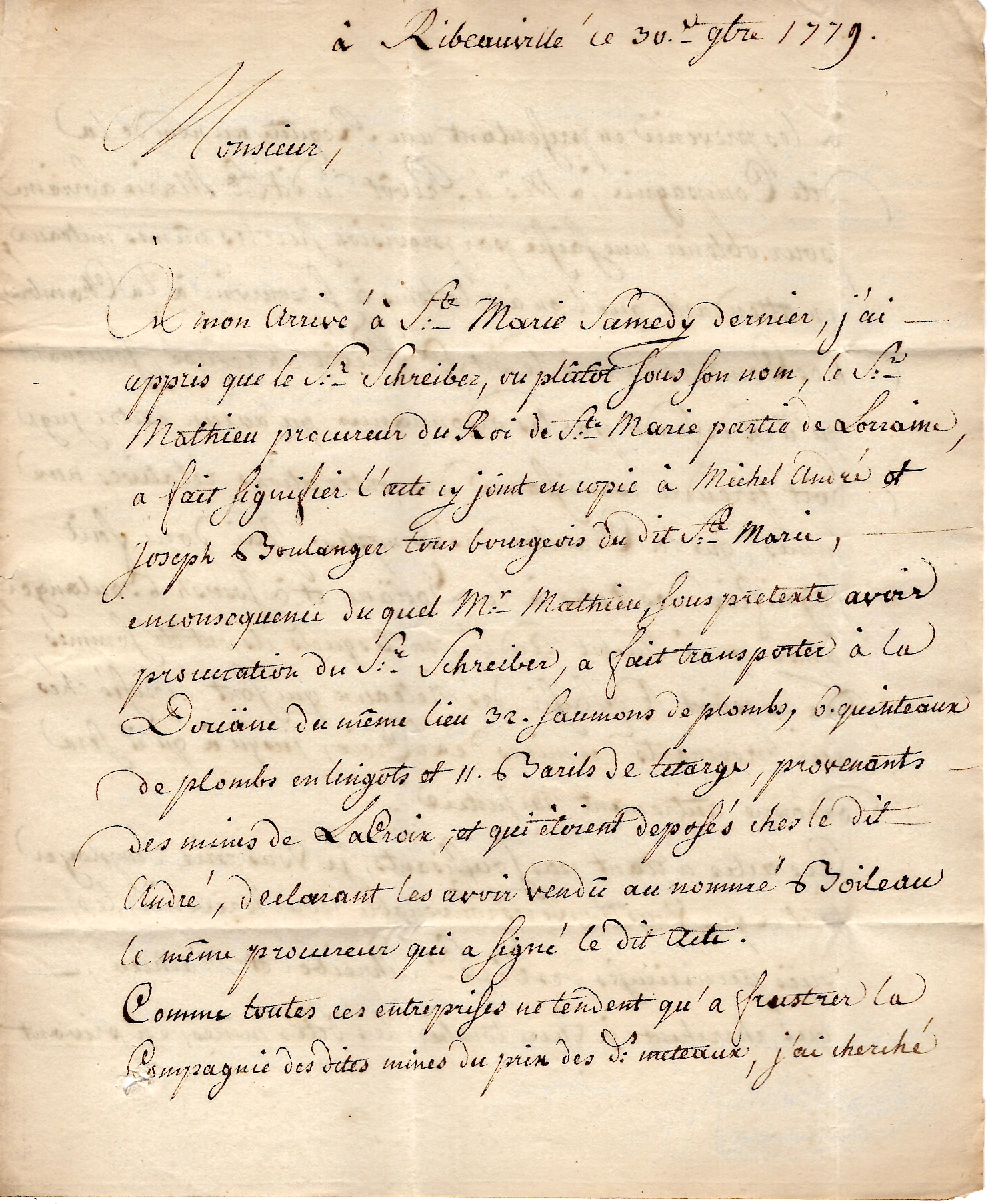 2 HAUT RHIN MARQUE STE MARIE LETTRE ECRITE RIBEAUVILLE 1779 POUR NANCY + FRANCHE COTE 600€