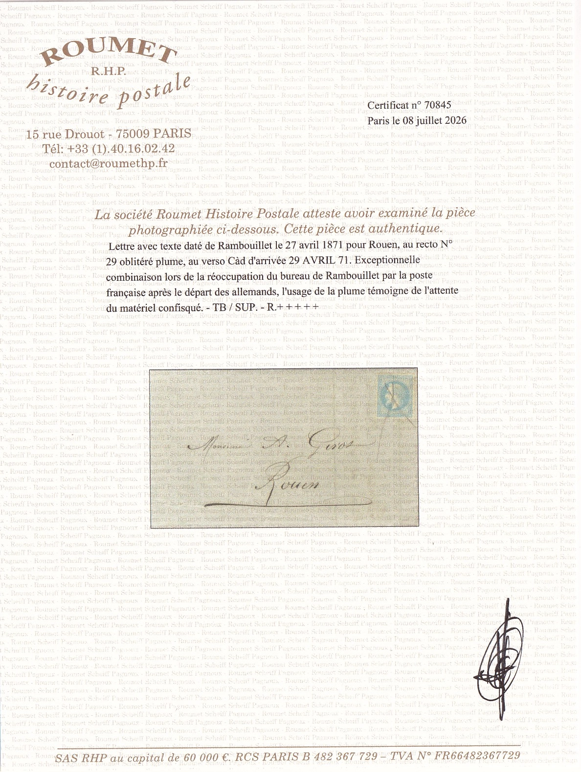 4 COMMUNE DE PARIS N°29 ANNULATION PLUME RAMBOUILLET SEINE ET OISE 27 AVRIL 1871 RETRAIT DE LA POSTE PRUSSIENNE POUR ROUEN SEINE INFERIEURE