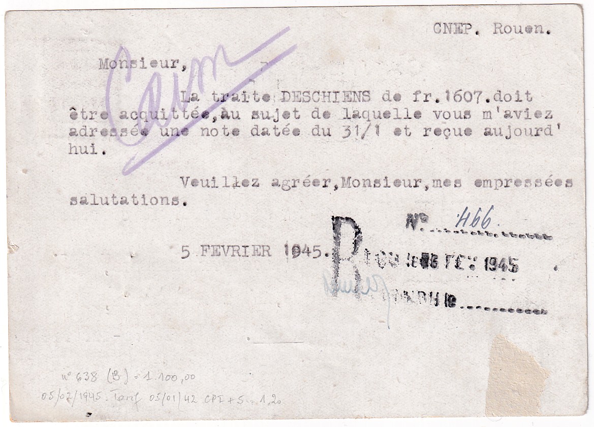 1 N°638 SEUL SUR LETTRE ROUEN 8 FEVIER 1945 POUR ROUEN CARTE POSTALE