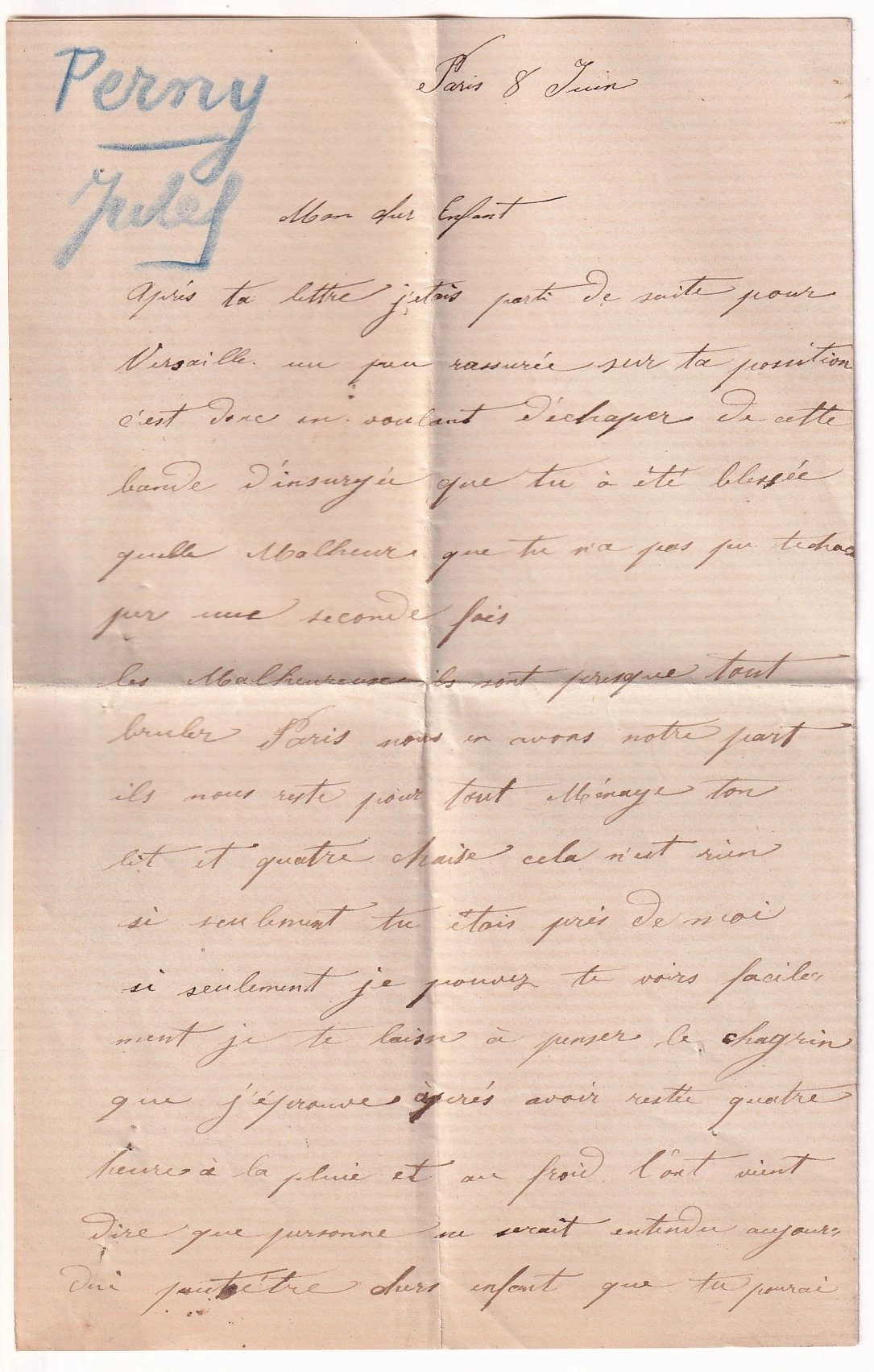 2 N°46B ETOILE PARIS 8 JUIN 1871 LETTRE POUR UN DETENU A L' HOPITAL MILITAIRE A VERSAILLES COMMUNE DE PARIS
