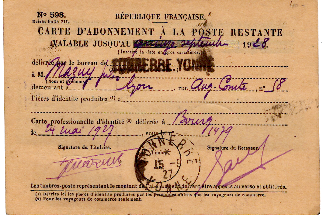 1 MERSON 5FR BANDE DE 3 CARTE ABONNEMENT POSTE RESTANTE TONNERRE YONNE 15.9.1927 AU TARIF