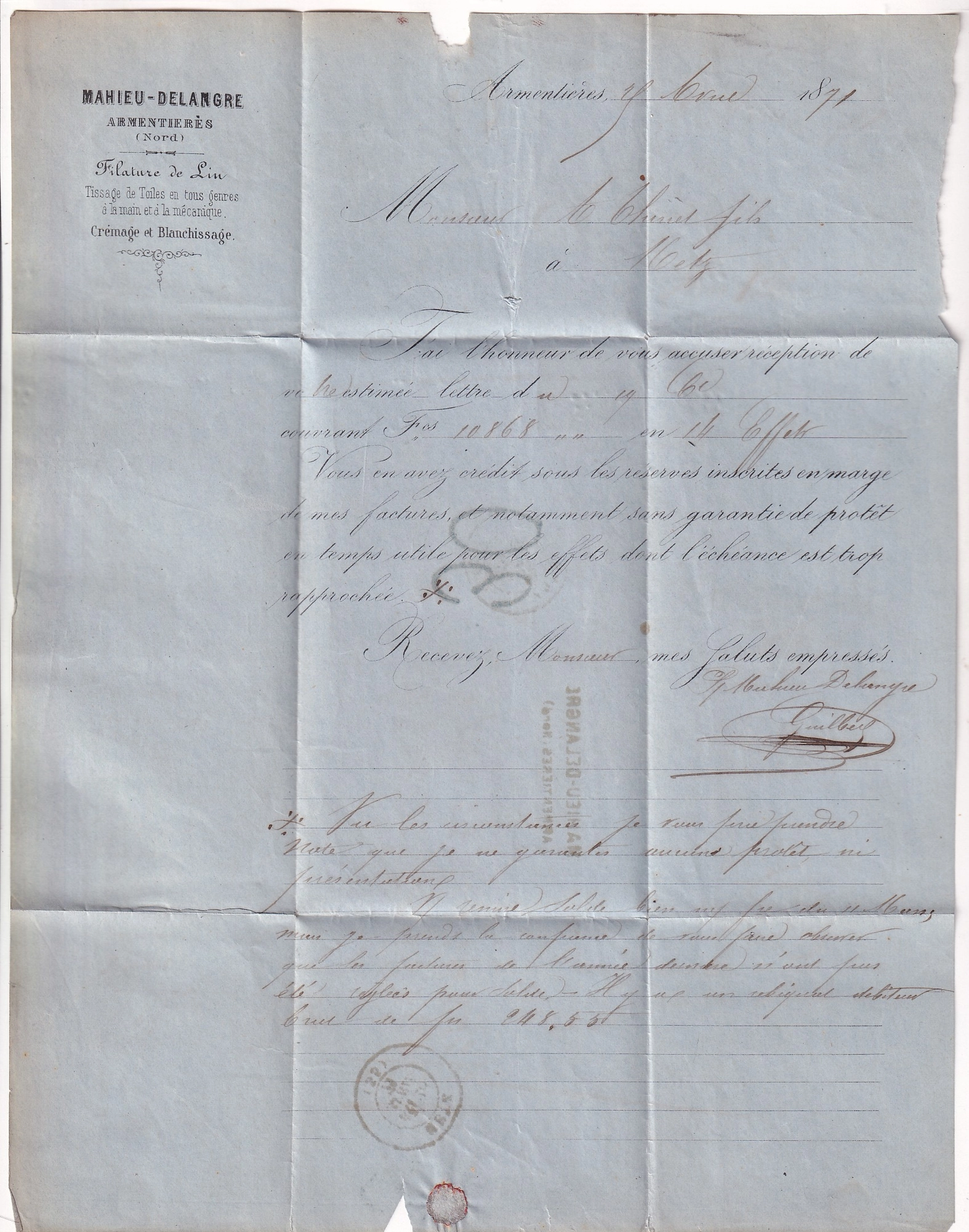 2 N°46B PC DU GC 163 ARMENTIERES NORD TAXE TAMPON ALLEMANDE 30 EN BLEU POUR METZ MOSELLE