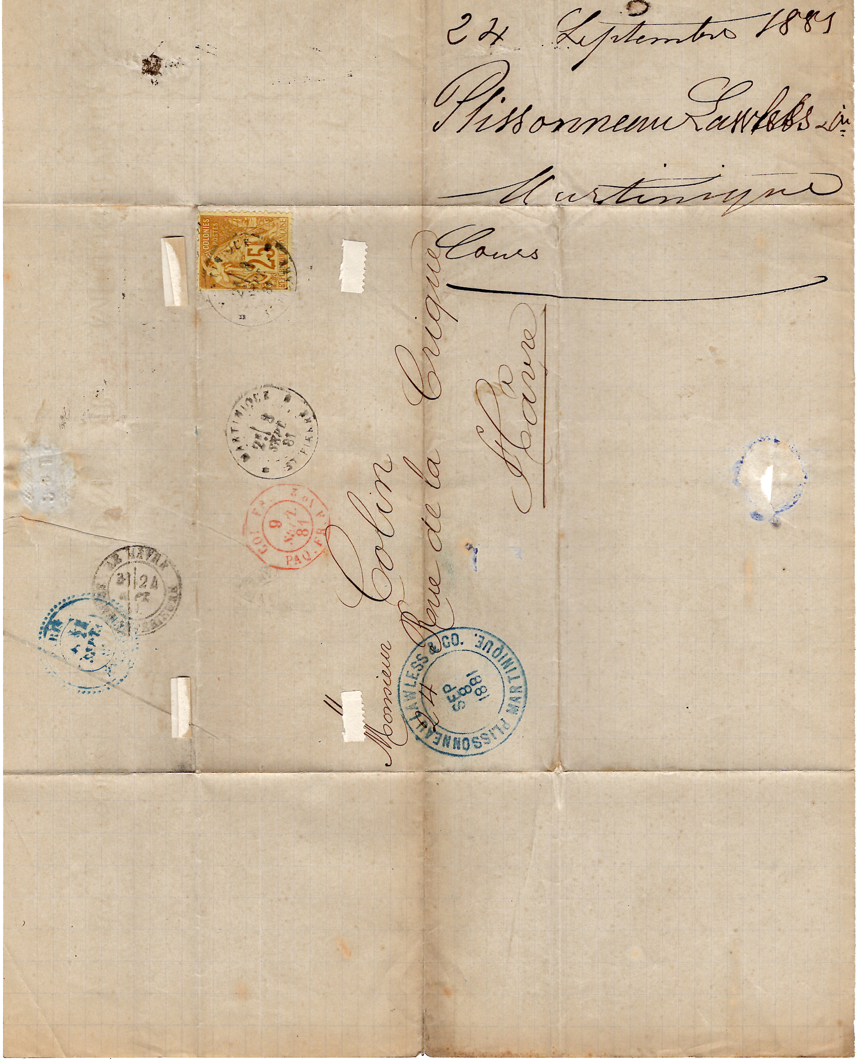 2 ALPHEE DUBOIS 25C BISTRE SEUL LETTRE MARTINIQUE ST PIERRE 8 SEPT 1881