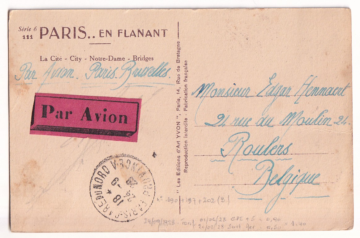 1 N°139 197 202 PARIS 1929 CARTE POSTALE PAR AVION PARIS BRUXELLES POUR ROULERS BELGIQUE