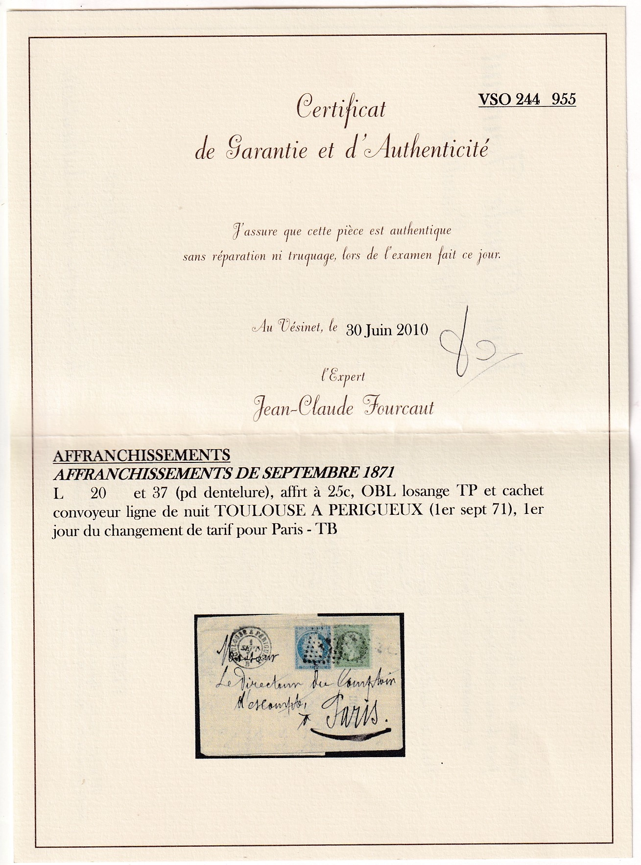 2 N°20 37 AMBULANT TOULOUSE A PARIGUEUX DU 1ER SEPTEMBRE 1871 POUR PARIS DEPART BRIVE CORREZE